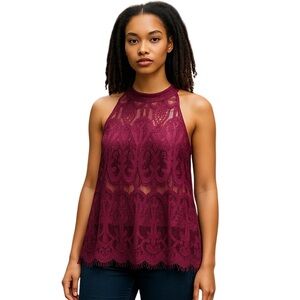 New Love Fire Womens Lace Top Hi Neck Sleeveless Purple Tan Cotton Blend Medium